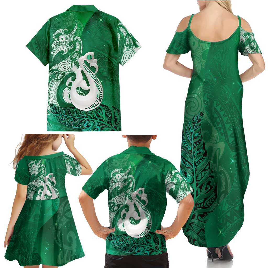 New Zealand Matariki Family Matching Summer Maxi Dress and Hawaiian Shirt Maori Manaia Galaxy Silver Fern Green Color