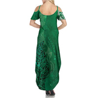New Zealand Matariki Family Matching Summer Maxi Dress and Hawaiian Shirt Maori Manaia Galaxy Silver Fern Green Color