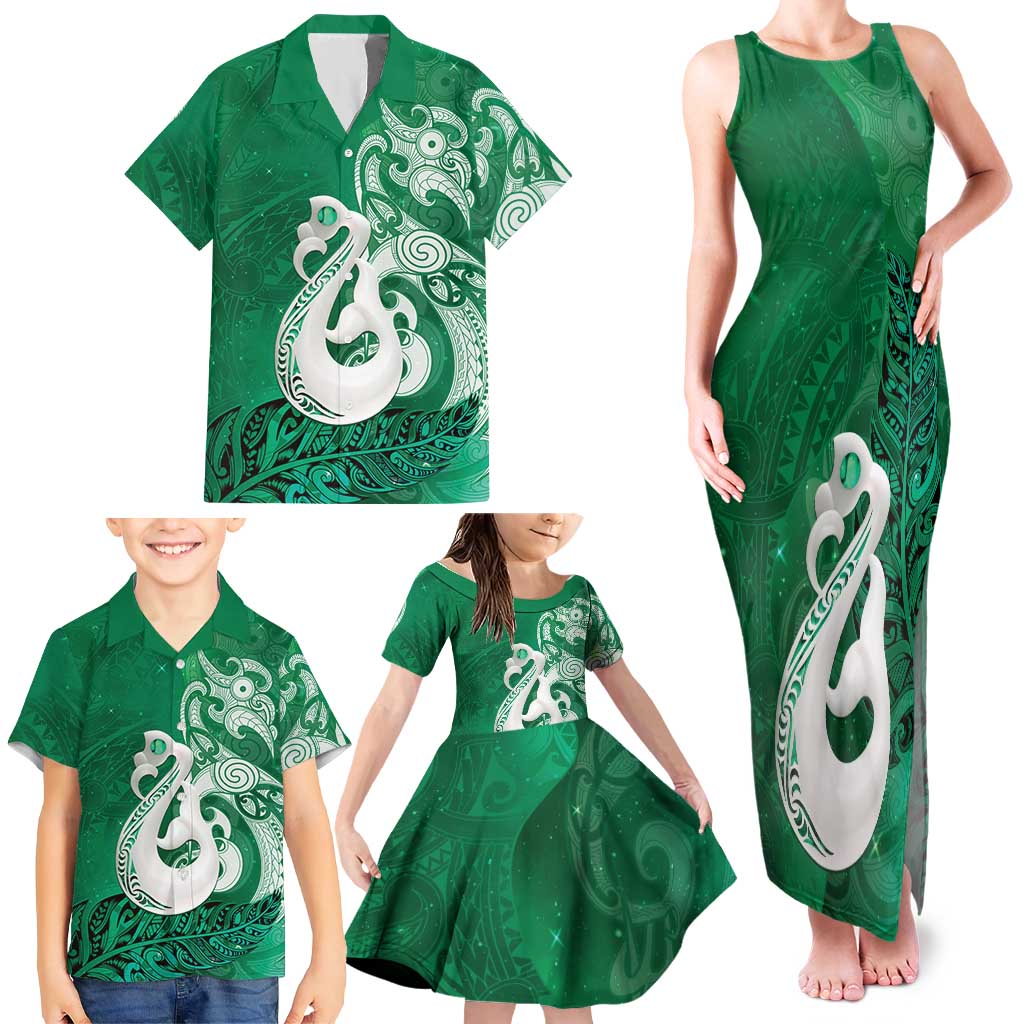 New Zealand Matariki Family Matching Tank Maxi Dress and Hawaiian Shirt Maori Manaia Galaxy Silver Fern Green Color LT22 - Polynesian Pride