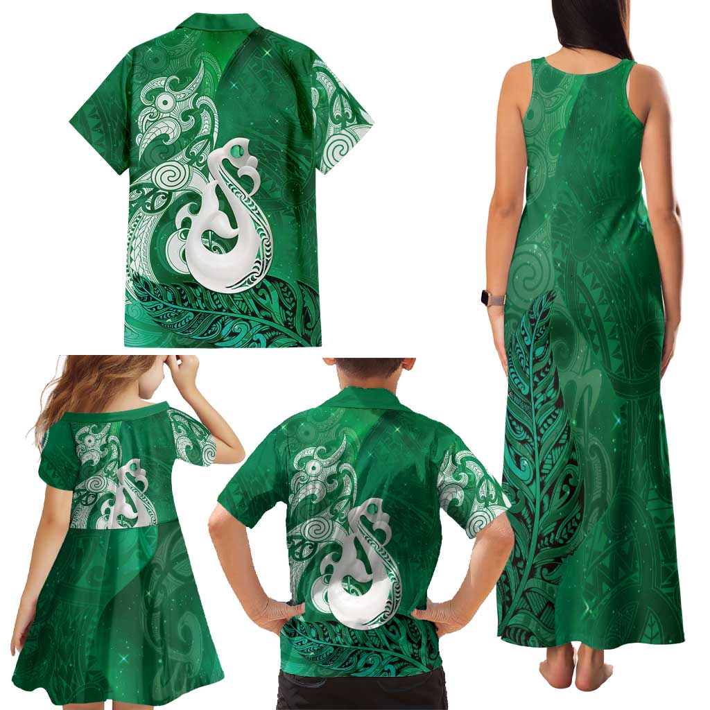 New Zealand Matariki Family Matching Tank Maxi Dress and Hawaiian Shirt Maori Manaia Galaxy Silver Fern Green Color LT22 - Polynesian Pride