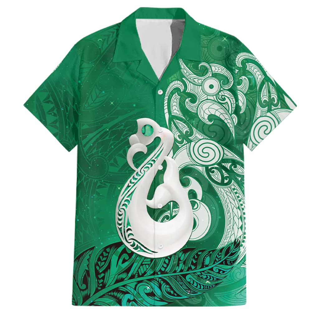 New Zealand Matariki Family Matching Tank Maxi Dress and Hawaiian Shirt Maori Manaia Galaxy Silver Fern Green Color LT22 Dad's Shirt - Short Sleeve Green - Polynesian Pride