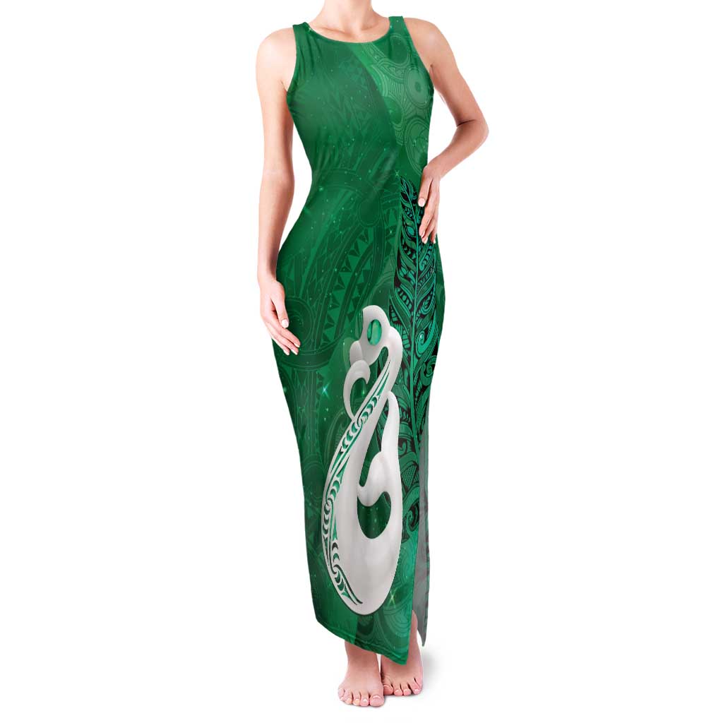 New Zealand Matariki Family Matching Tank Maxi Dress and Hawaiian Shirt Maori Manaia Galaxy Silver Fern Green Color LT22 Mom's Dress Green - Polynesian Pride