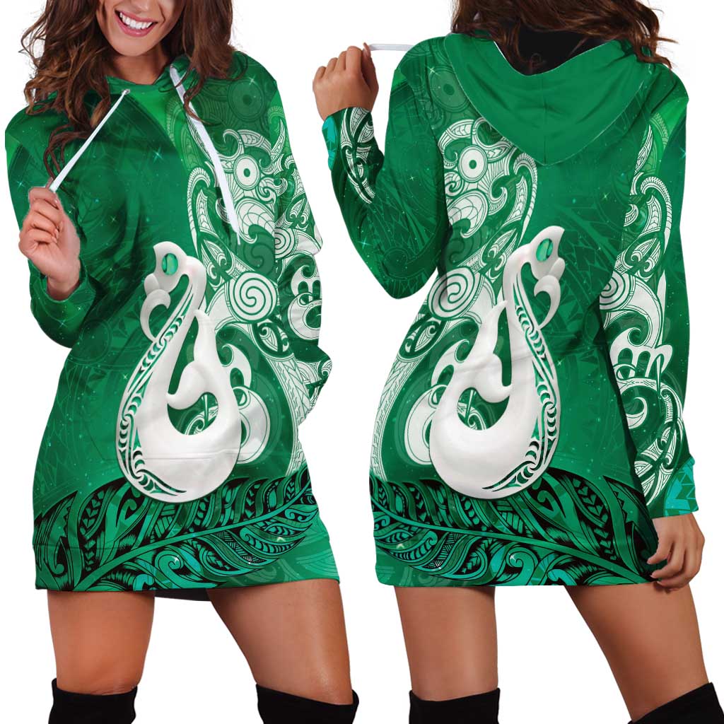 New Zealand Matariki Hoodie Dress Maori Manaia Galaxy Silver Fern Green Color