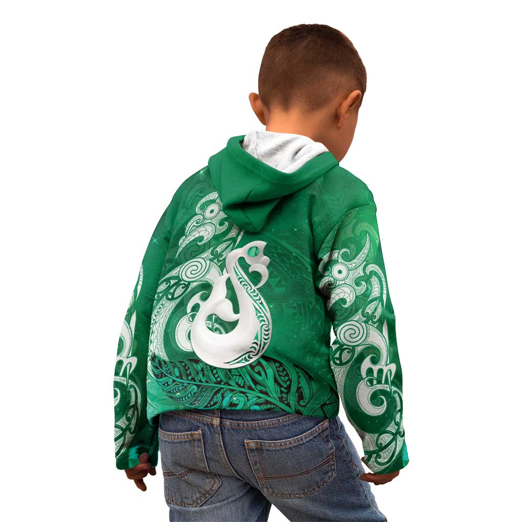 New Zealand Matariki Kid Hoodie Maori Manaia Galaxy Silver Fern Green Color
