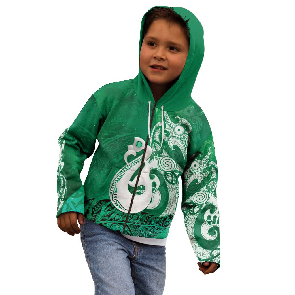 New Zealand Matariki Kid Hoodie Maori Manaia Galaxy Silver Fern Green Color