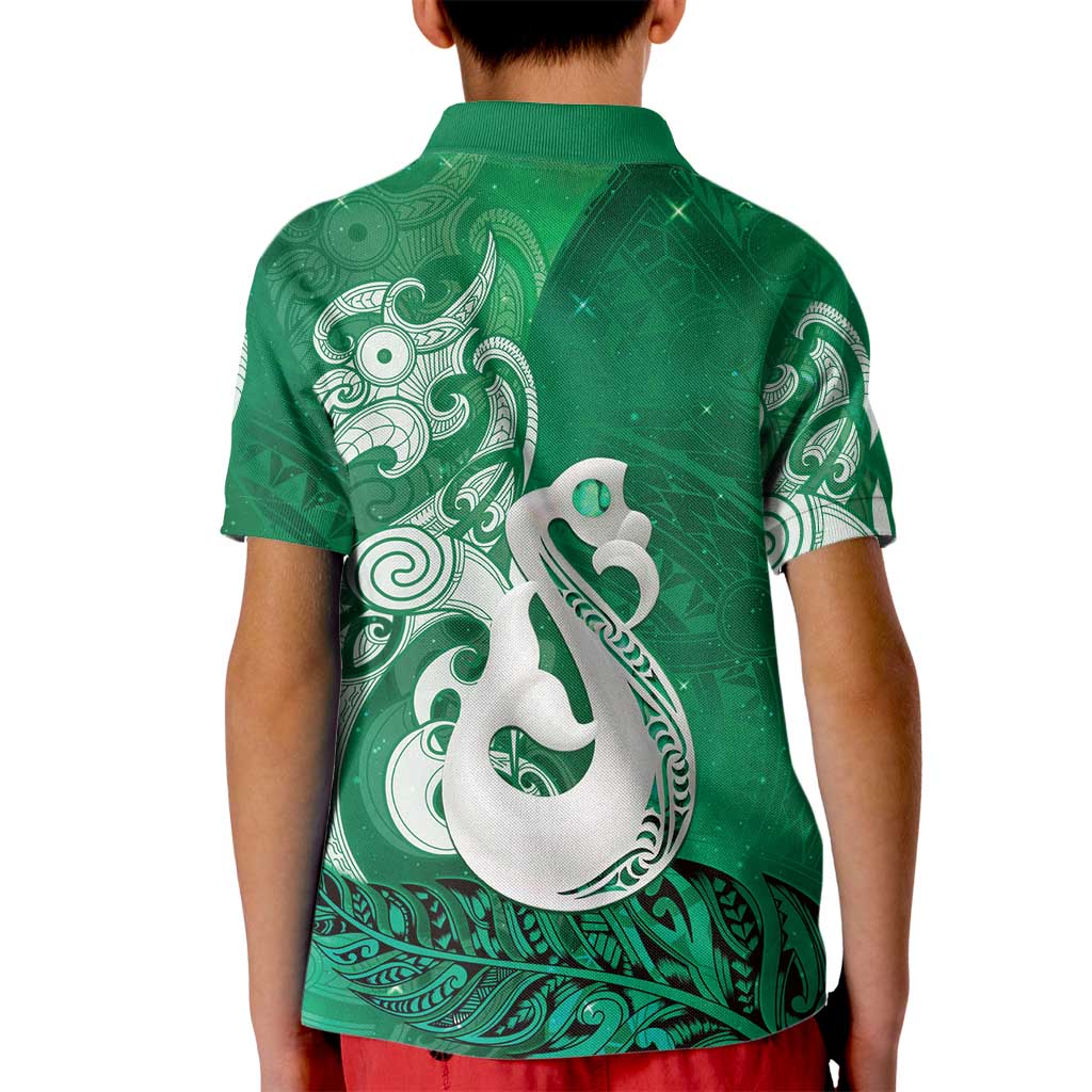 New Zealand Matariki Kid Polo Shirt Maori Manaia Galaxy Silver Fern Green Color