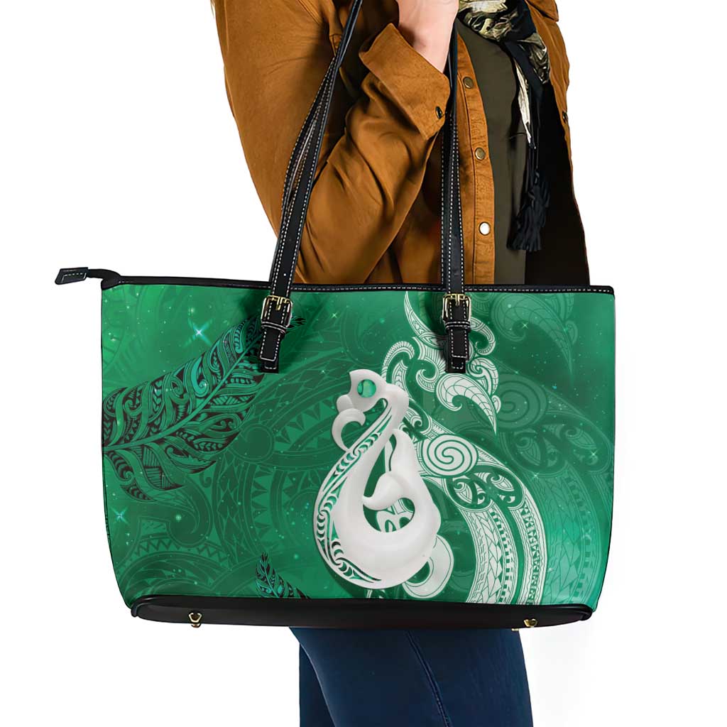 New Zealand Matariki Leather Tote Bag Maori Manaia Galaxy Silver Fern Green Color