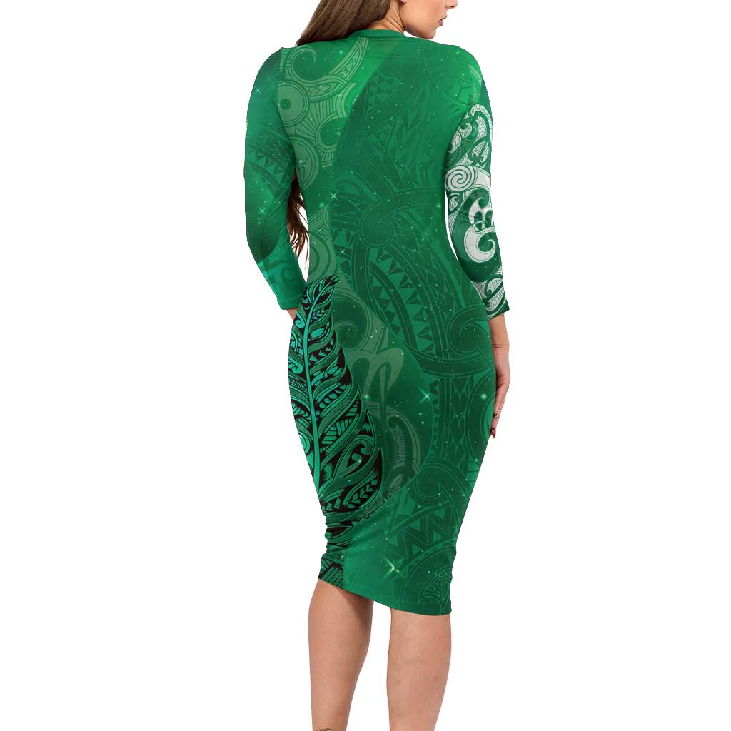 New Zealand Matariki Long Sleeve Bodycon Dress Maori Manaia Galaxy Silver Fern Green Color