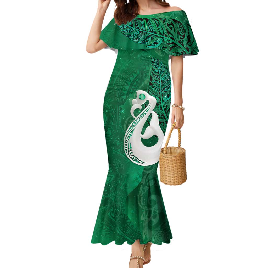 New Zealand Matariki Mermaid Dress Maori Manaia Galaxy Silver Fern Green Color LT22 Women Green - Polynesian Pride