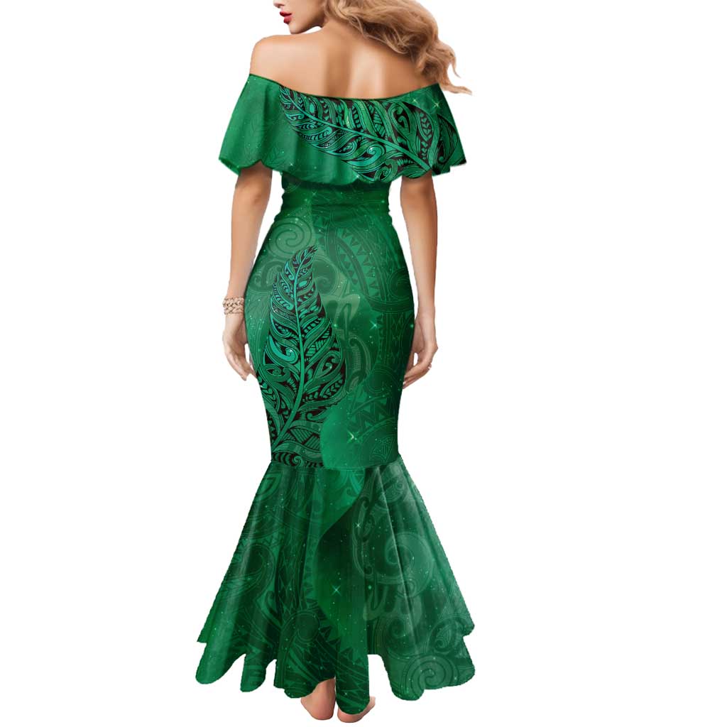 New Zealand Matariki Mermaid Dress Maori Manaia Galaxy Silver Fern Green Color LT22 - Polynesian Pride