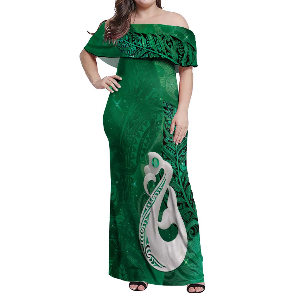 New Zealand Matariki Off Shoulder Maxi Dress Maori Manaia Galaxy Silver Fern Green Color