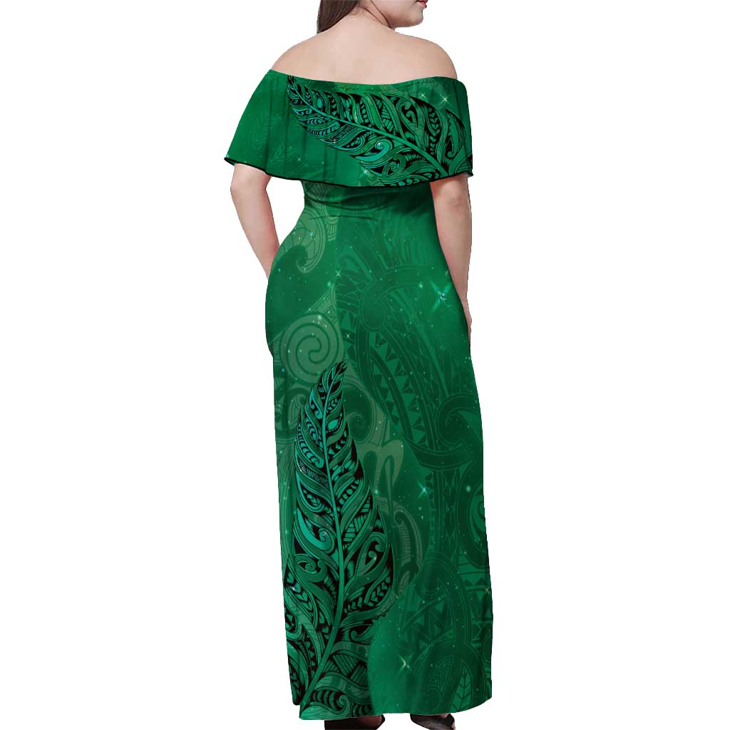New Zealand Matariki Off Shoulder Maxi Dress Maori Manaia Galaxy Silver Fern Green Color