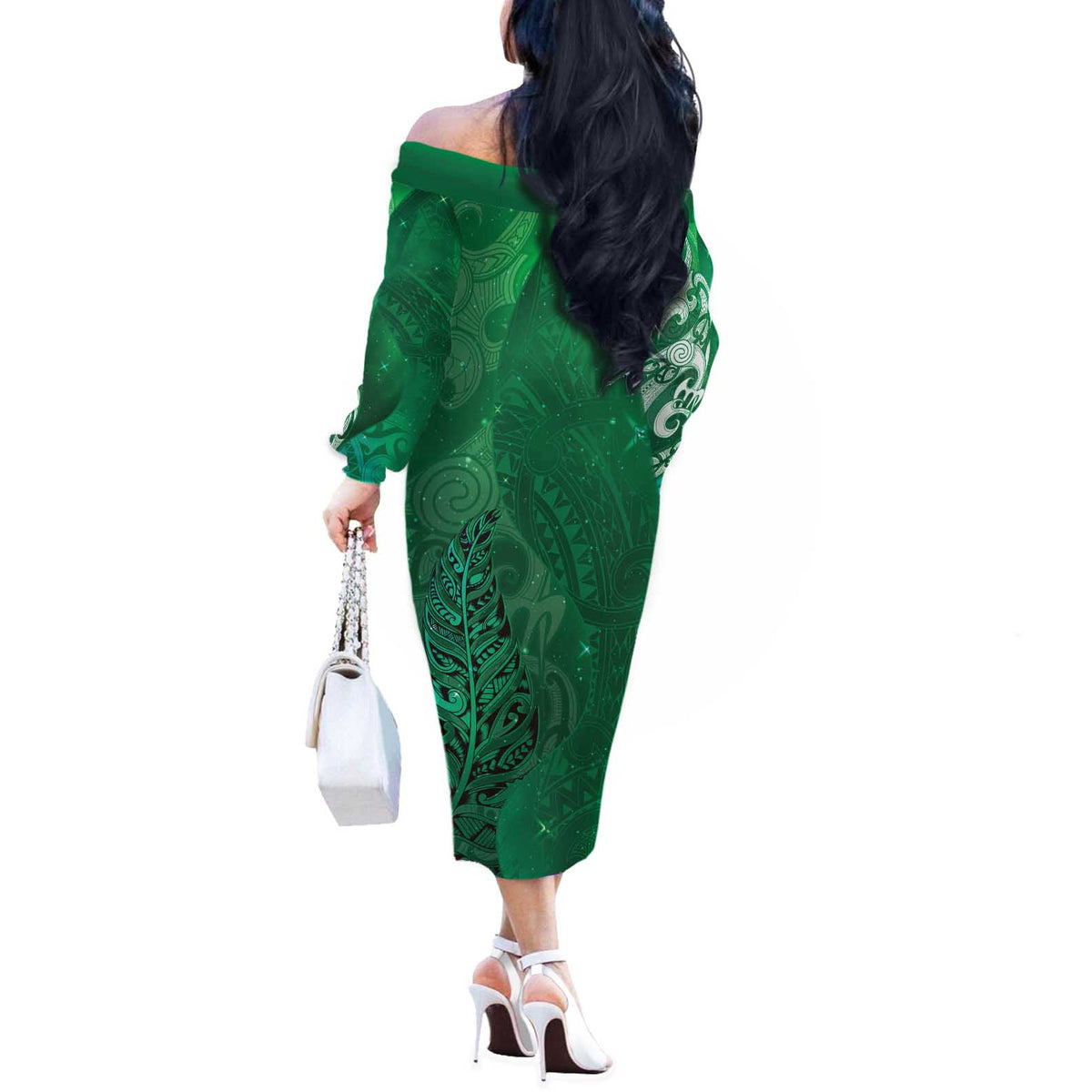 New Zealand Matariki Off The Shoulder Long Sleeve Dress Maori Manaia Galaxy Silver Fern Green Color