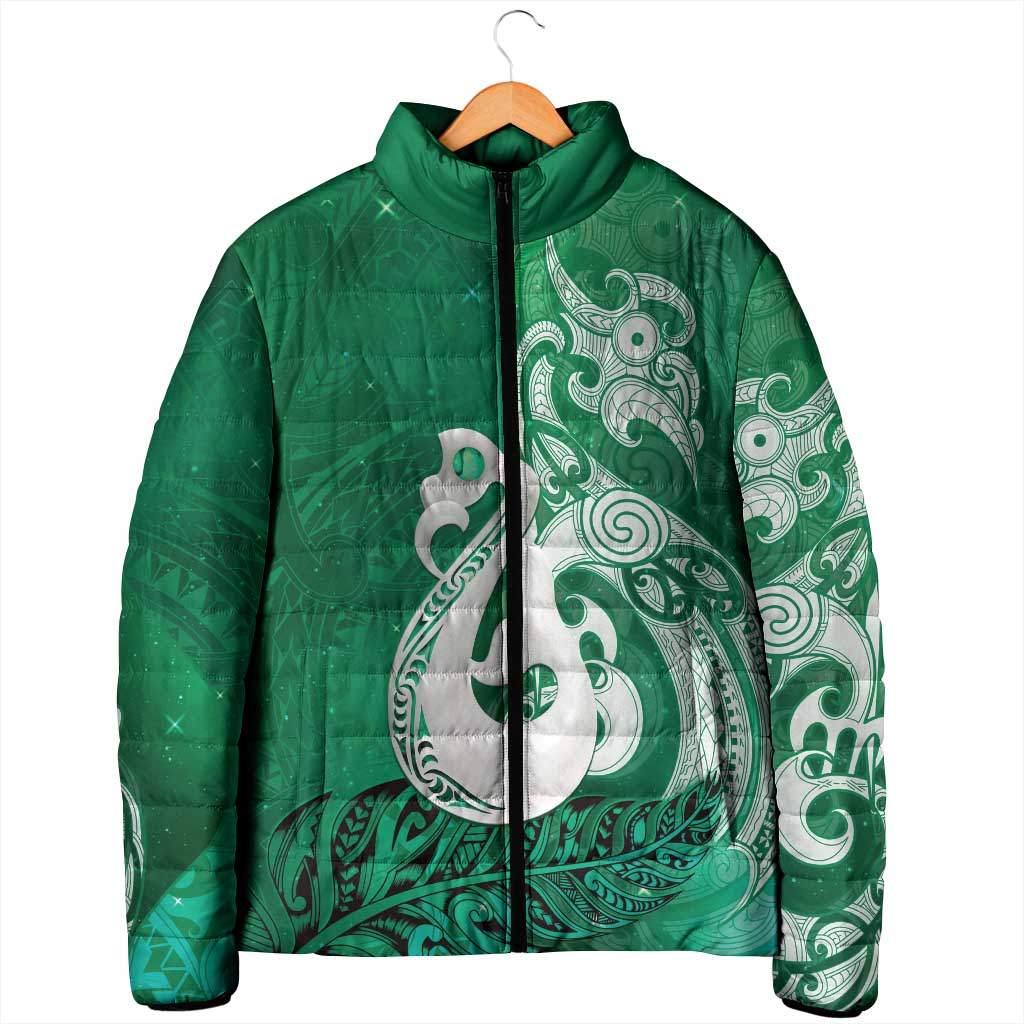 New Zealand Matariki Padded Jacket Maori Manaia Galaxy Silver Fern Green Color