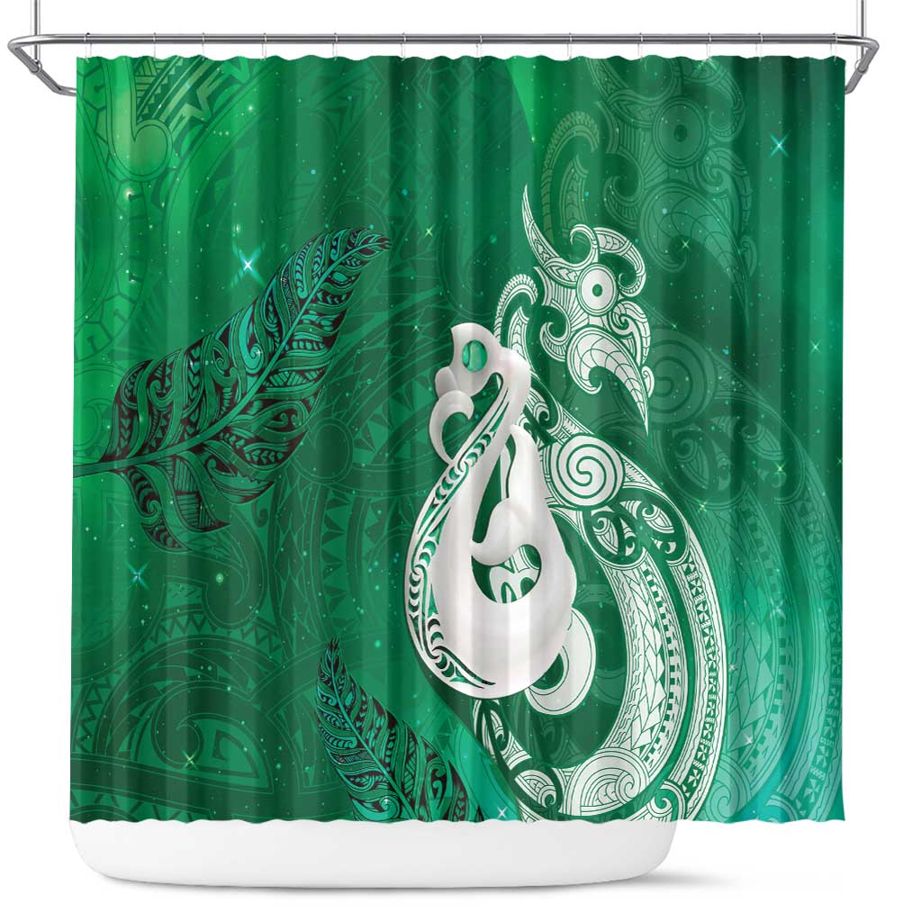 New Zealand Matariki Shower Curtain Maori Manaia Galaxy Silver Fern Green Color
