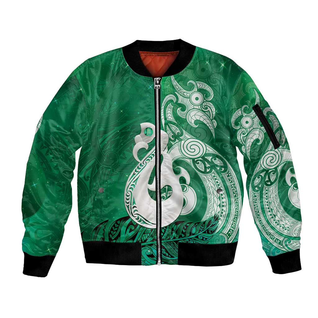 New Zealand Matariki Sleeve Zip Bomber Jacket Maori Manaia Galaxy Silver Fern Green Color
