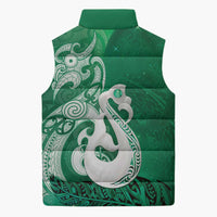 New Zealand Matariki Sleeveless Puffer Jacket Maori Manaia Galaxy Silver Fern Green Color