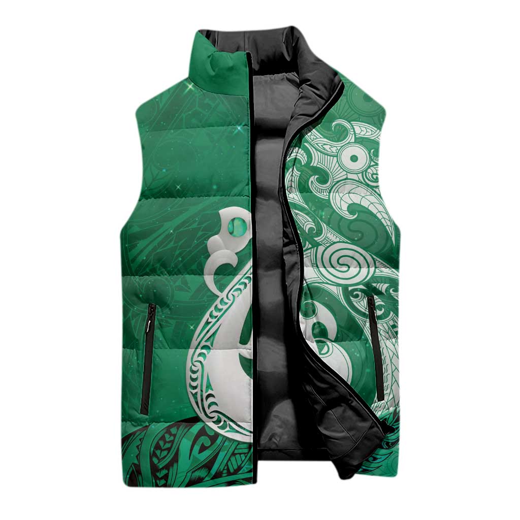New Zealand Matariki Sleeveless Puffer Jacket Maori Manaia Galaxy Silver Fern Green Color