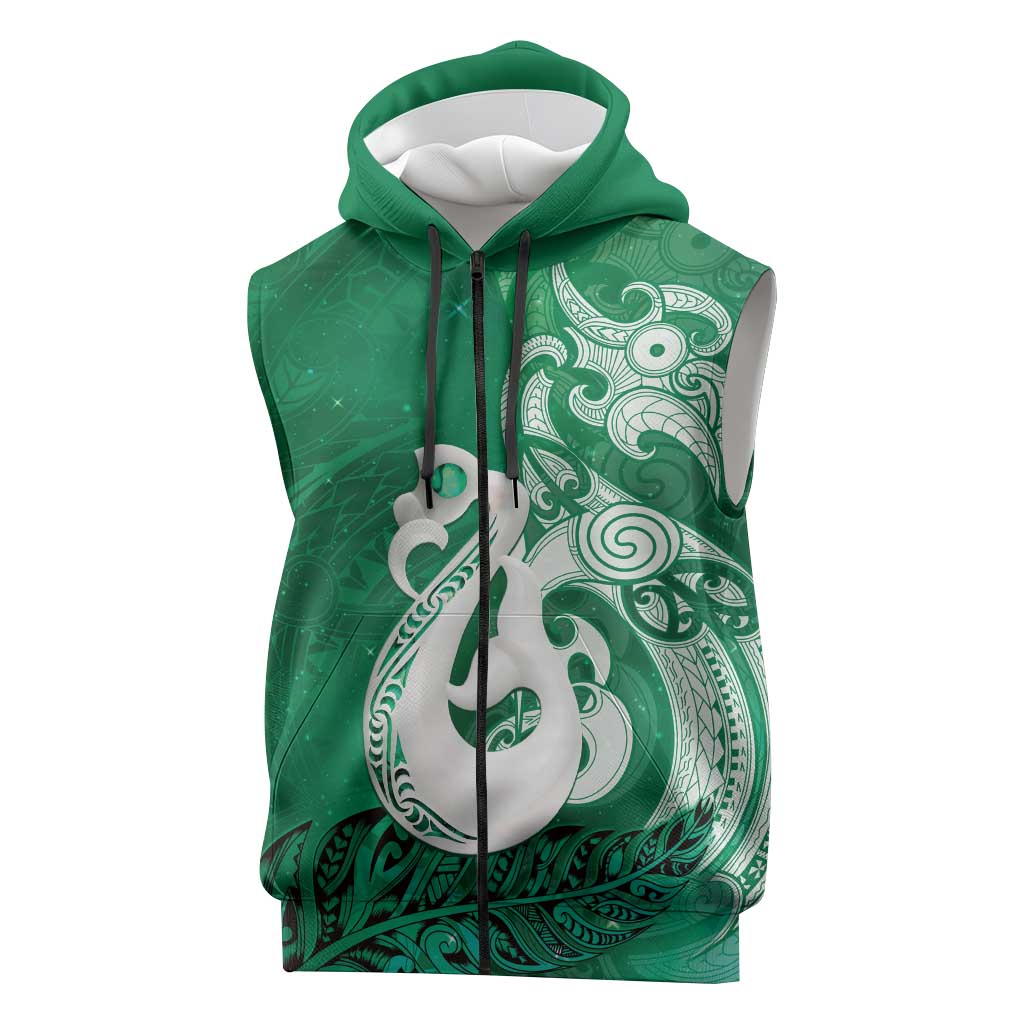 New Zealand Matariki Sleeveless Zip Hoodie Maori Manaia Galaxy Silver Fern Green Color LT22 Green - Polynesian Pride