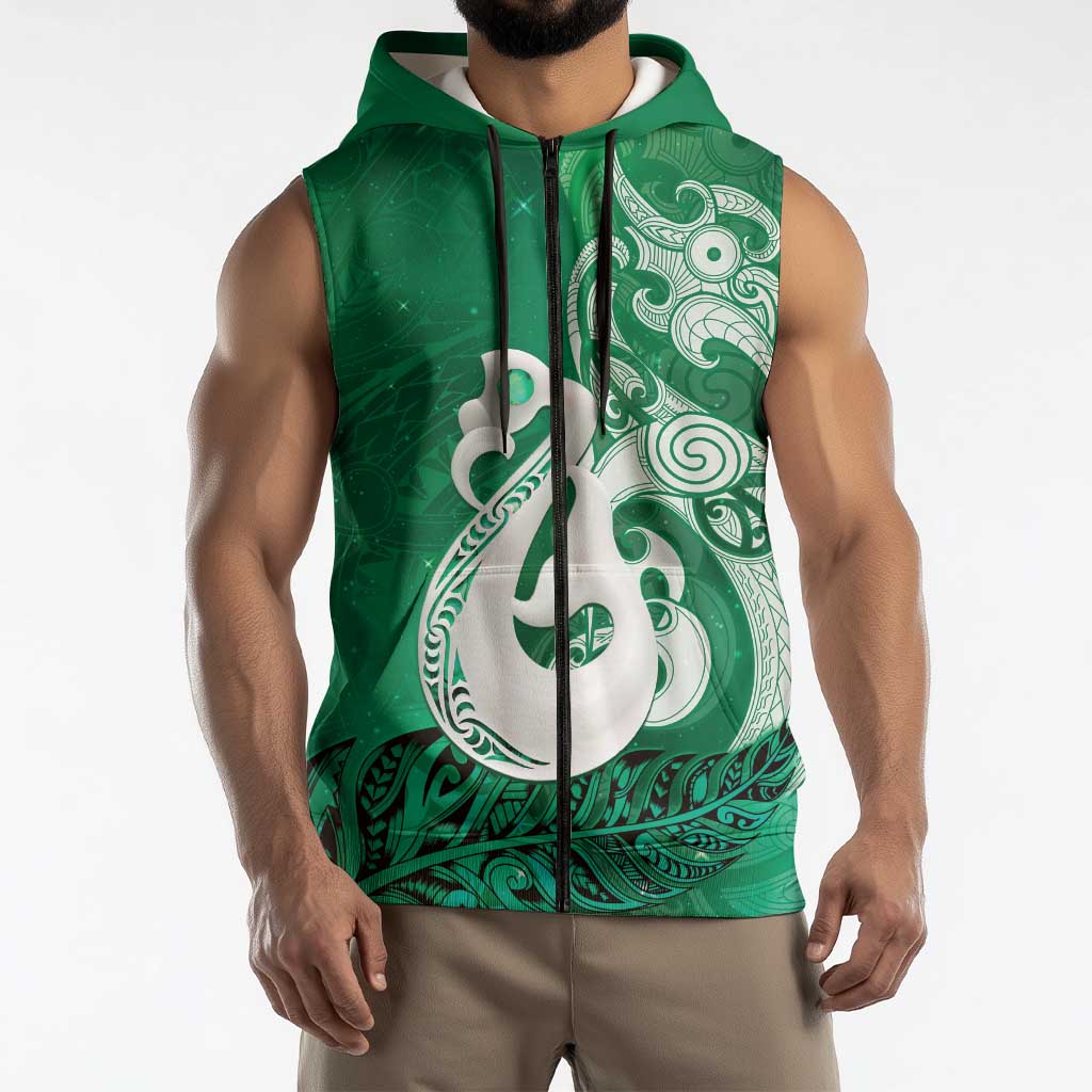 New Zealand Matariki Sleeveless Zip Hoodie Maori Manaia Galaxy Silver Fern Green Color LT22 - Polynesian Pride