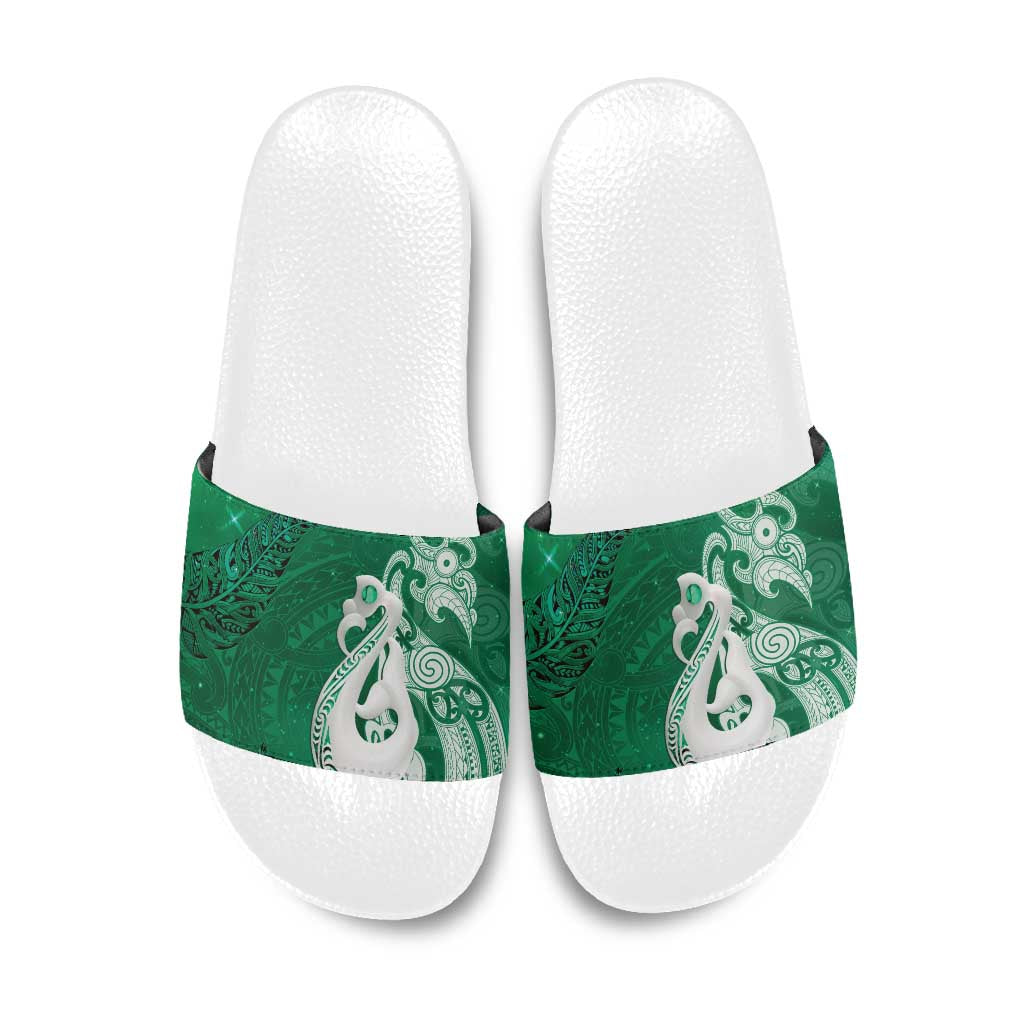 New Zealand Matariki Slide Sandals Maori Manaia Galaxy Silver Fern Green Color
