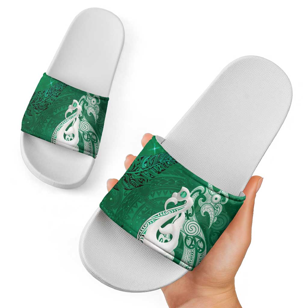 New Zealand Matariki Slide Sandals Maori Manaia Galaxy Silver Fern Green Color