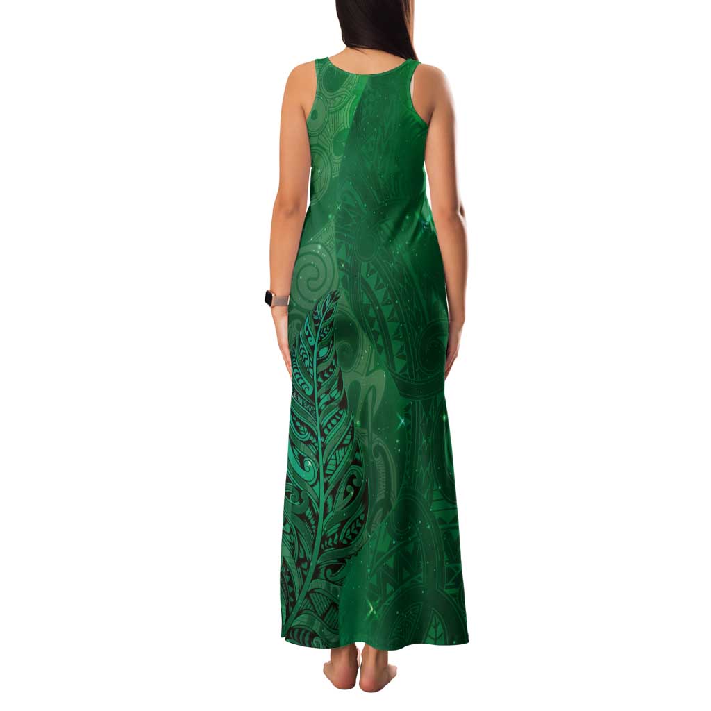 New Zealand Matariki Tank Maxi Dress Maori Manaia Galaxy Silver Fern Green Color
