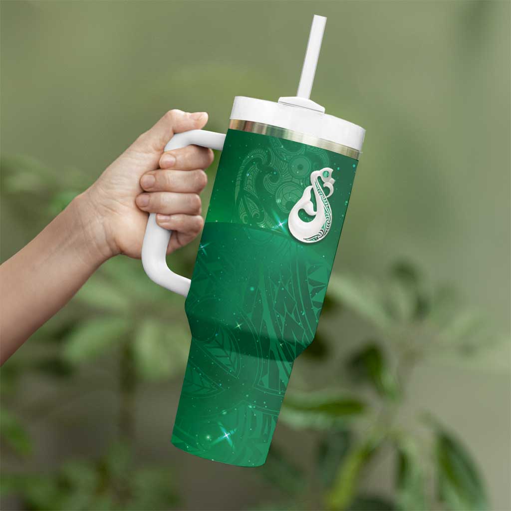 New Zealand Matariki Tumbler With Handle Maori Manaia Galaxy Silver Fern Green Color