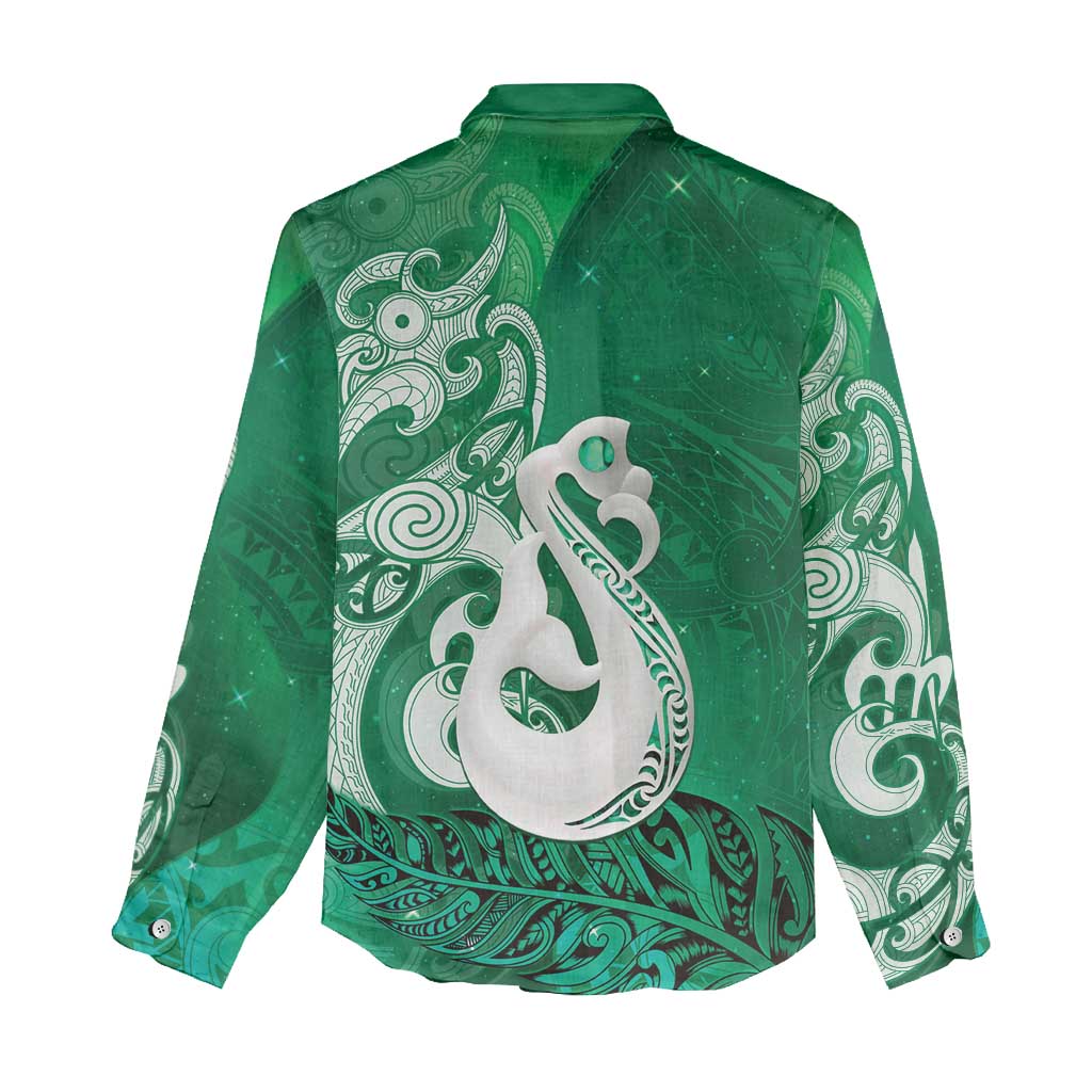 New Zealand Matariki Women Casual Shirt Maori Manaia Galaxy Silver Fern Green Color