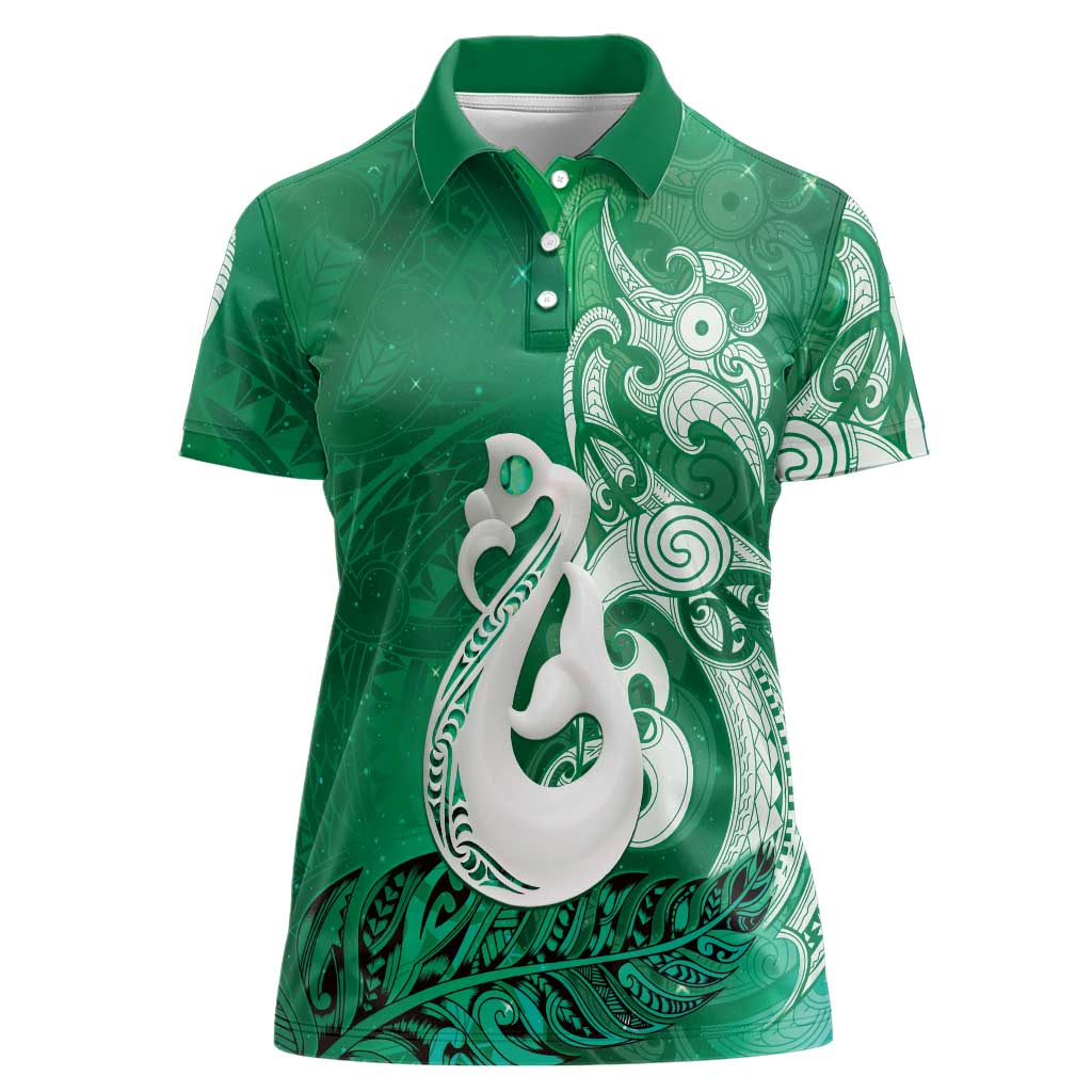 New Zealand Matariki Women Polo Shirt Maori Manaia Galaxy Silver Fern Green Color