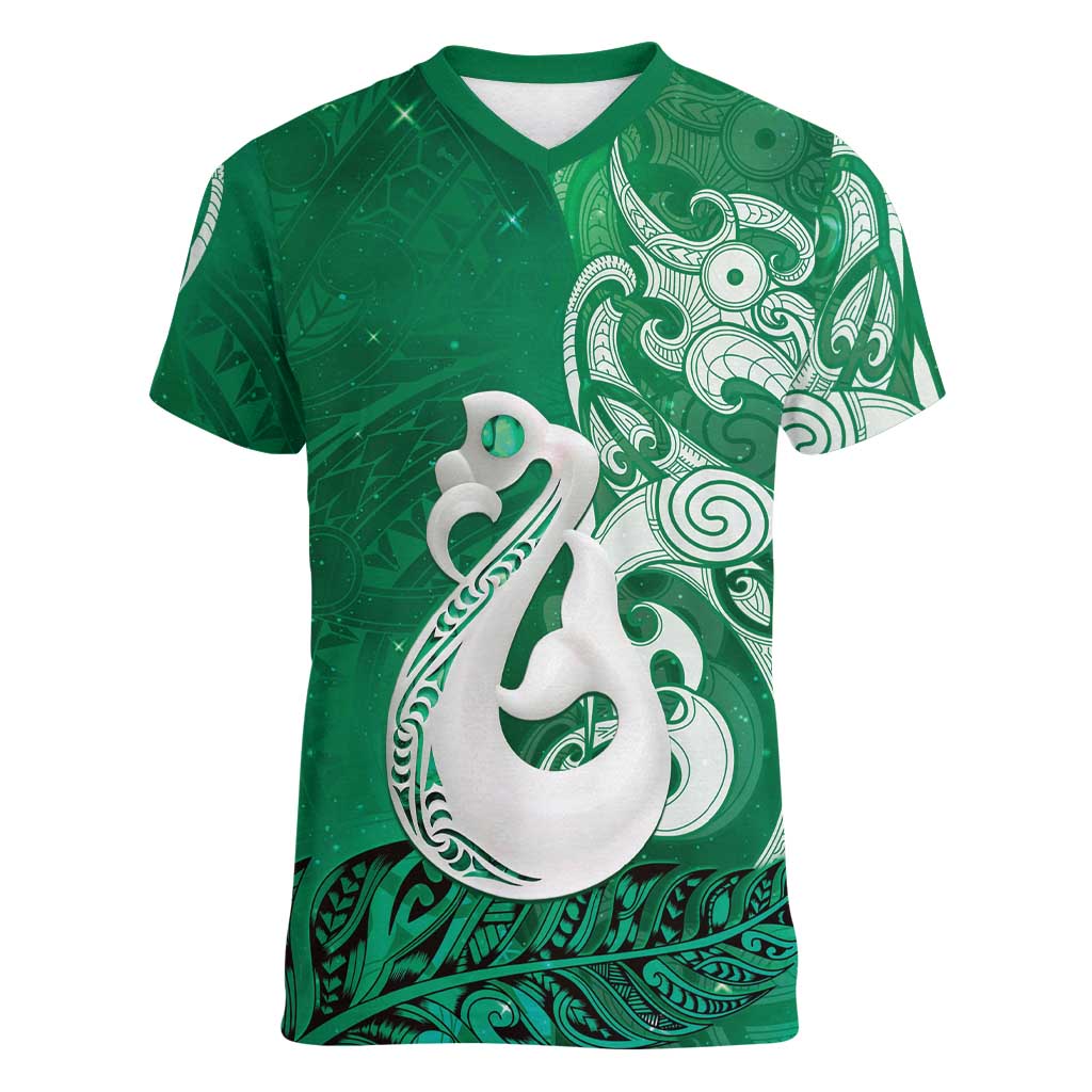 New Zealand Matariki Women V-Neck T-Shirt Maori Manaia Galaxy Silver Fern Green Color