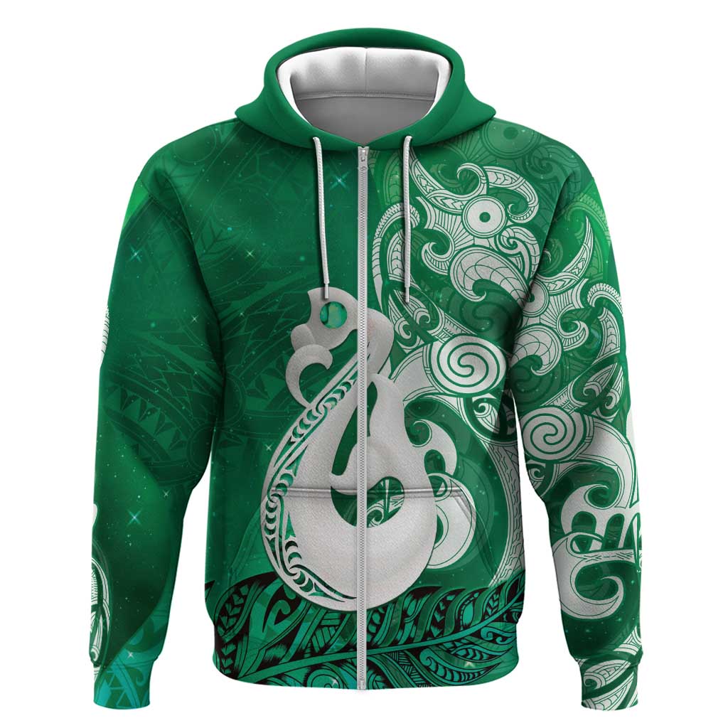 New Zealand Matariki Zip Hoodie Maori Manaia Galaxy Silver Fern Green Color