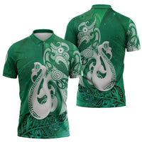 New Zealand Matariki Zipper Polo Shirt Maori Manaia Galaxy Silver Fern Green Color
