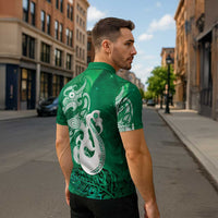 New Zealand Matariki Zipper Polo Shirt Maori Manaia Galaxy Silver Fern Green Color