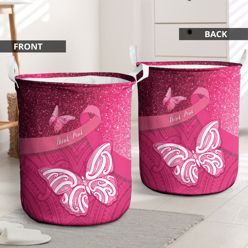New Zealand Breast Cancer Awareness Laundry Basket Pink Ribbon Butterfly Maori Pattern LT22 - Polynesian Pride