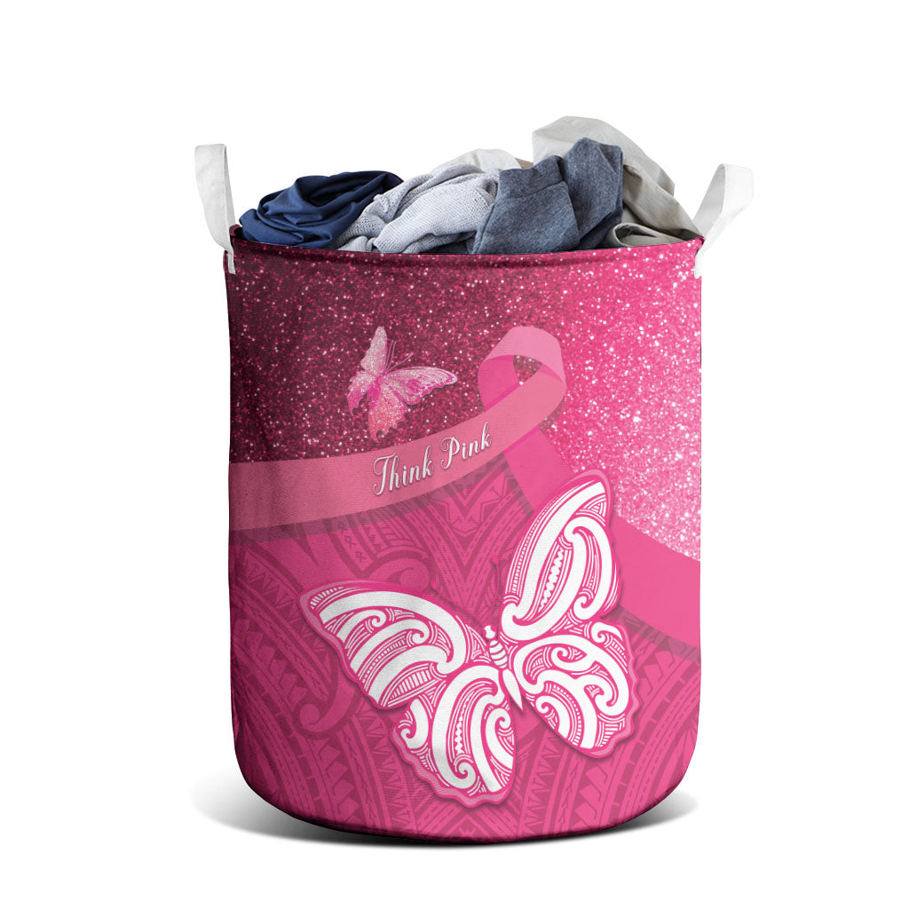 New Zealand Breast Cancer Awareness Laundry Basket Pink Ribbon Butterfly Maori Pattern LT22 - Polynesian Pride