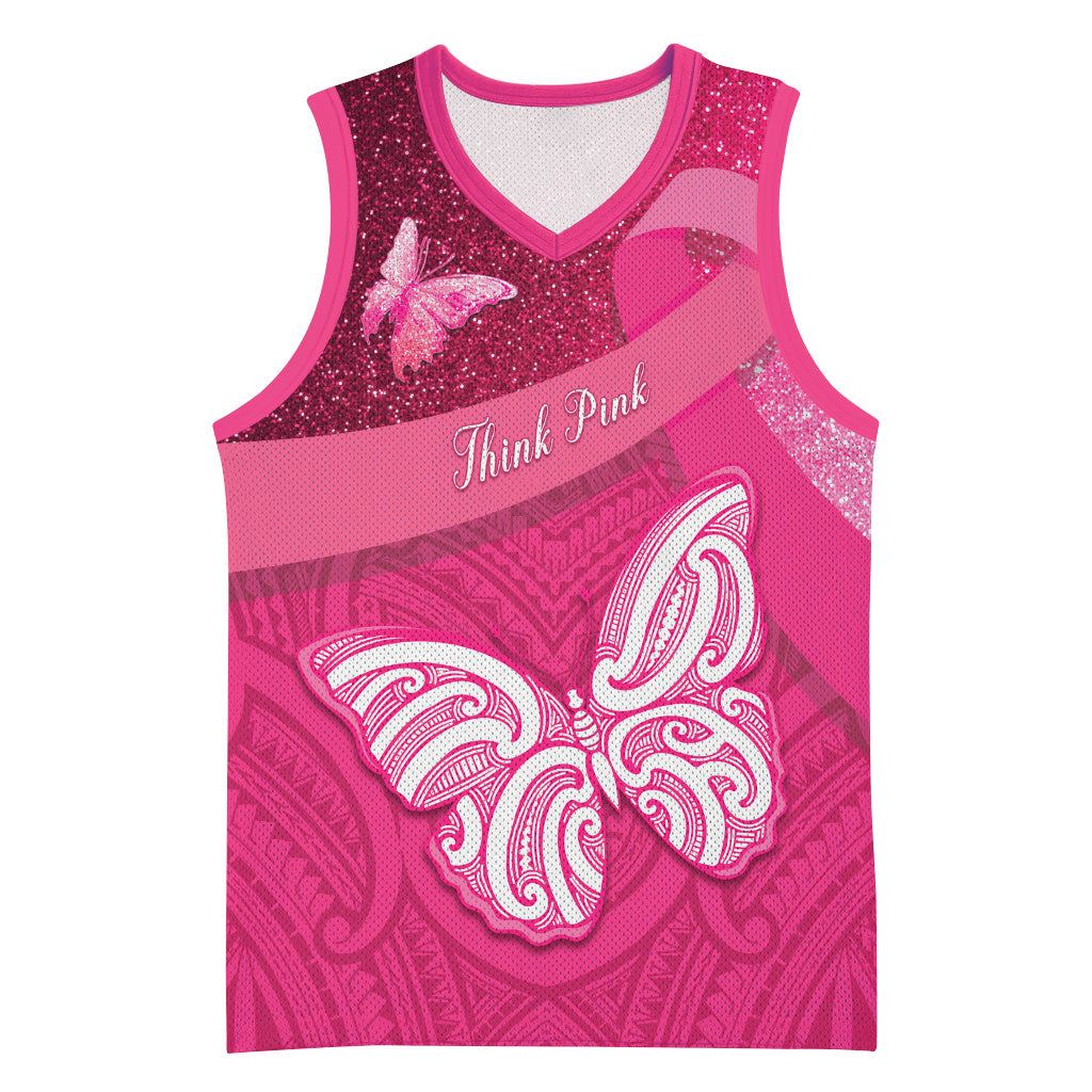 New Zealand Breast Cancer Awareness Basketball Jersey Pink Ribbon Butterfly Maori Pattern