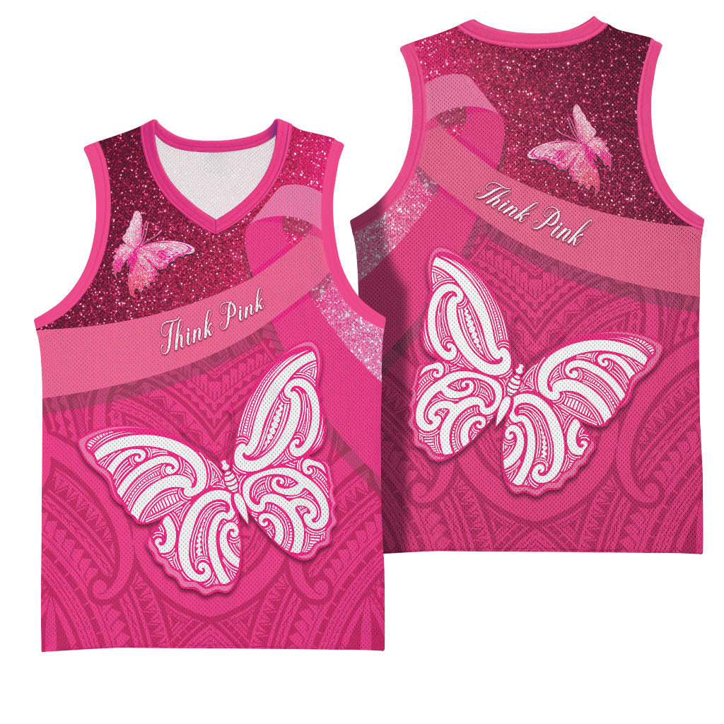 New Zealand Breast Cancer Awareness Basketball Jersey Pink Ribbon Butterfly Maori Pattern
