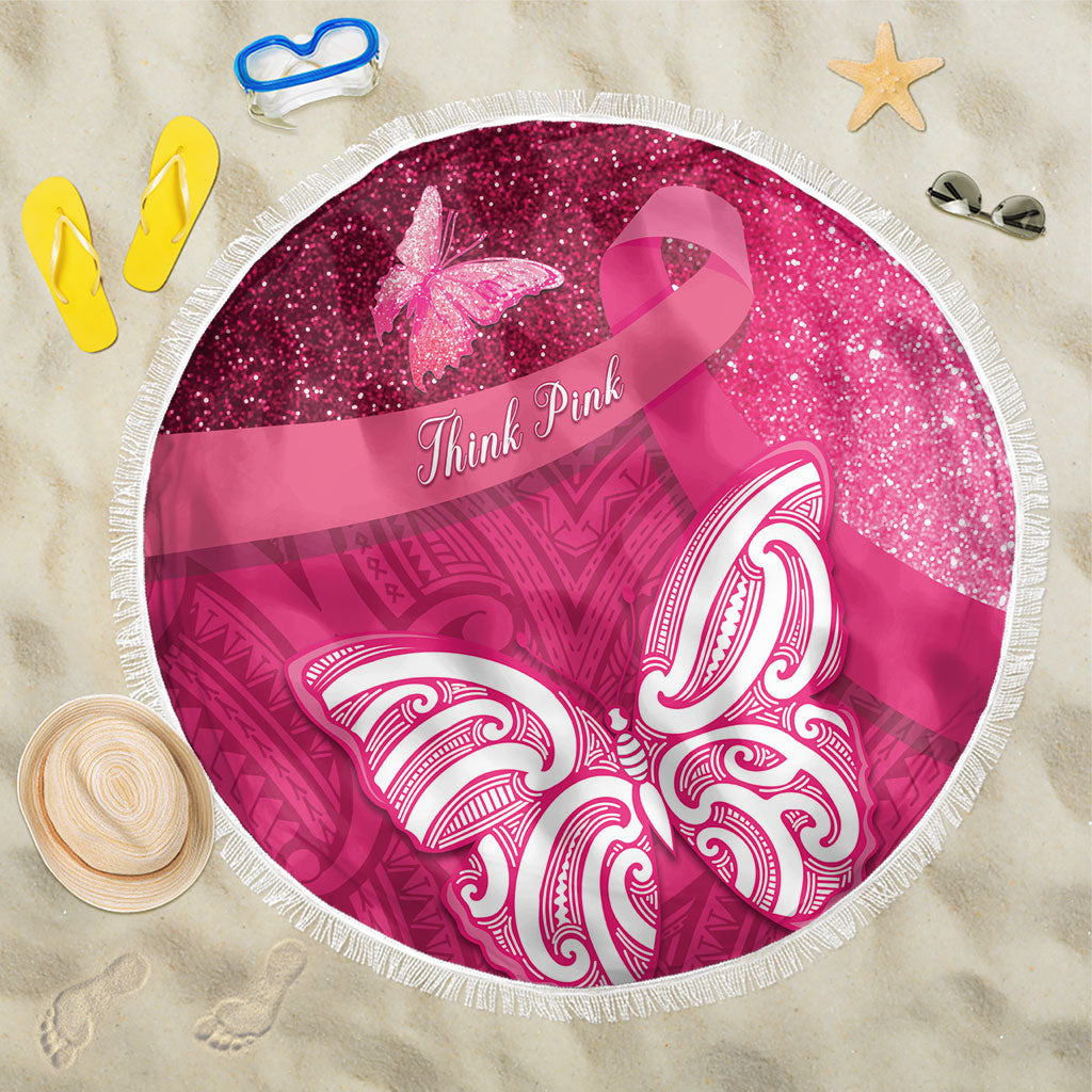 New Zealand Breast Cancer Awareness Beach Blanket Pink Ribbon Butterfly Maori Pattern