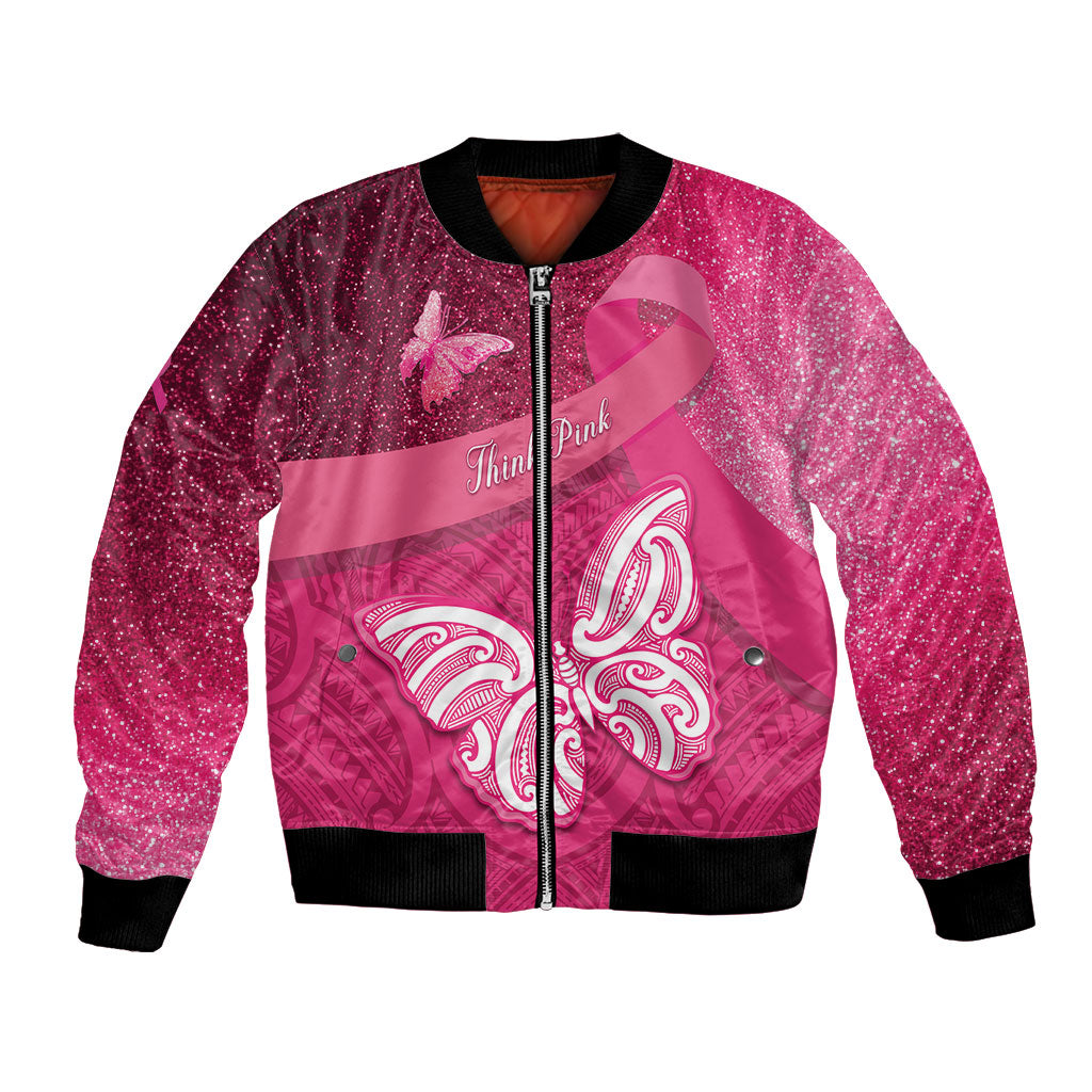New Zealand Breast Cancer Awareness Bomber Jacket Pink Ribbon Butterfly Maori Pattern LT22 Unisex Pink - Polynesian Pride