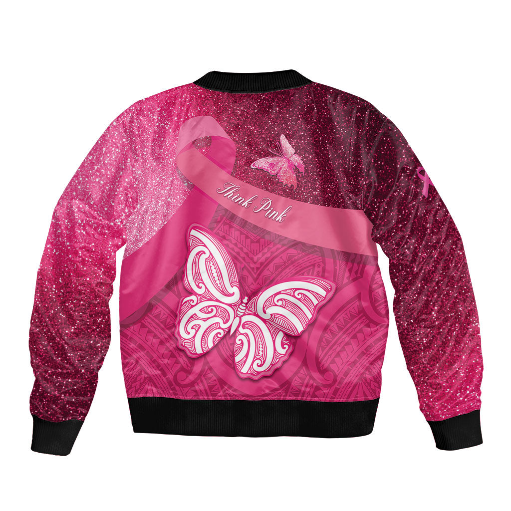 New Zealand Breast Cancer Awareness Bomber Jacket Pink Ribbon Butterfly Maori Pattern LT22 - Polynesian Pride