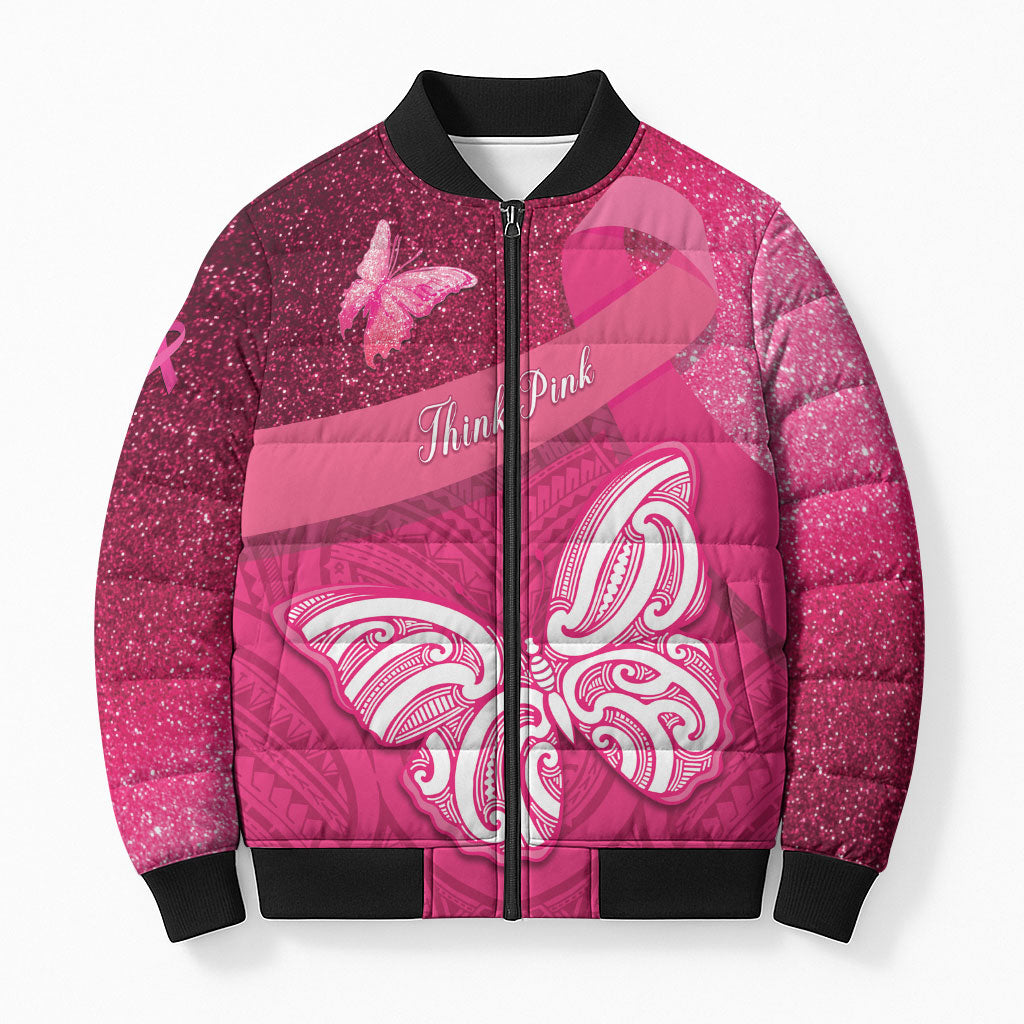 New Zealand Breast Cancer Awareness Bomber Puffer Jacket Pink Ribbon Butterfly Maori Pattern LT22 Unisex Pink - Polynesian Pride