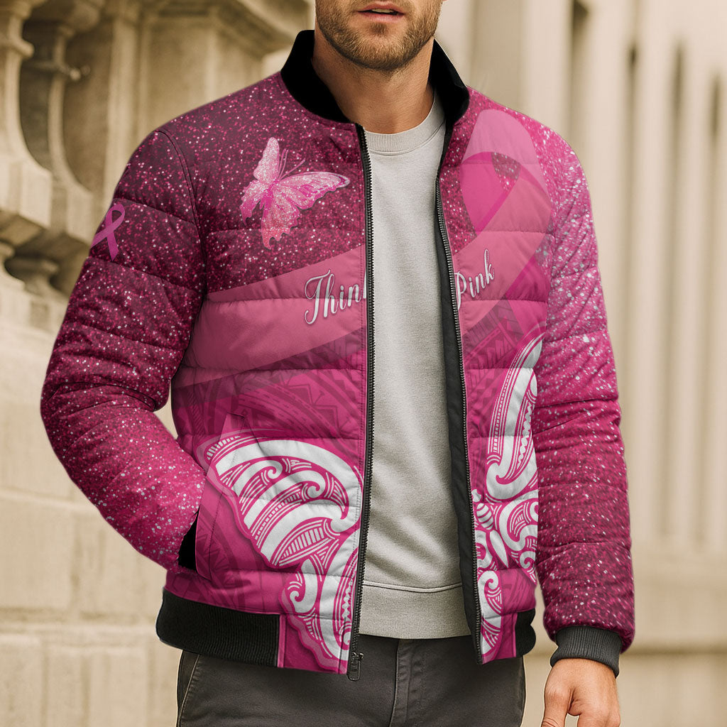 New Zealand Breast Cancer Awareness Bomber Puffer Jacket Pink Ribbon Butterfly Maori Pattern LT22 - Polynesian Pride