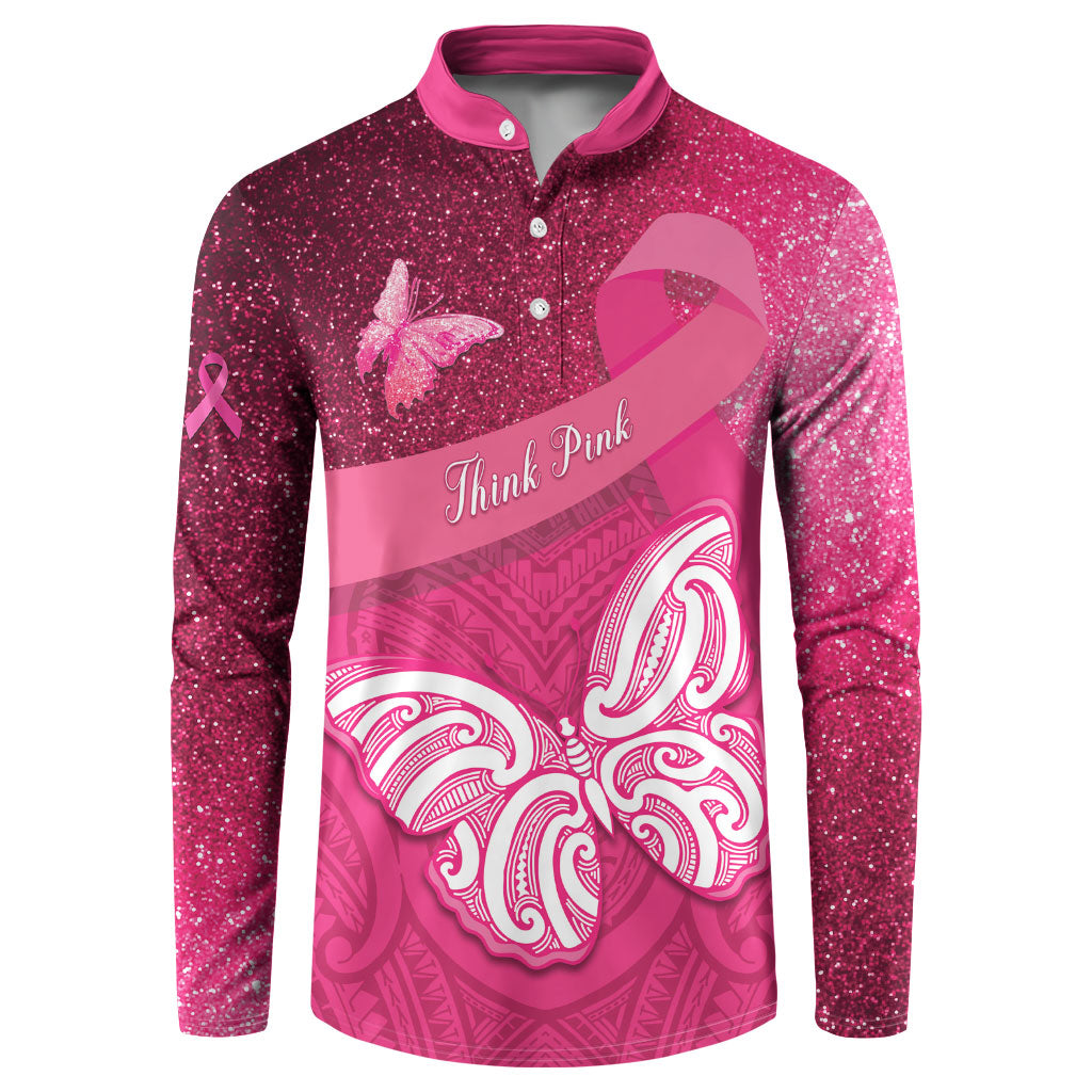 New Zealand Breast Cancer Awareness Button Sweatshirt Pink Ribbon Butterfly Maori Pattern LT22 Pink - Polynesian Pride