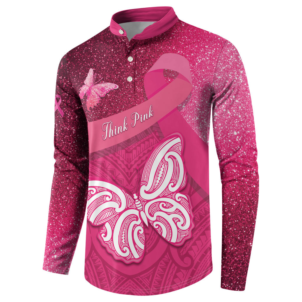 New Zealand Breast Cancer Awareness Button Sweatshirt Pink Ribbon Butterfly Maori Pattern LT22 - Polynesian Pride