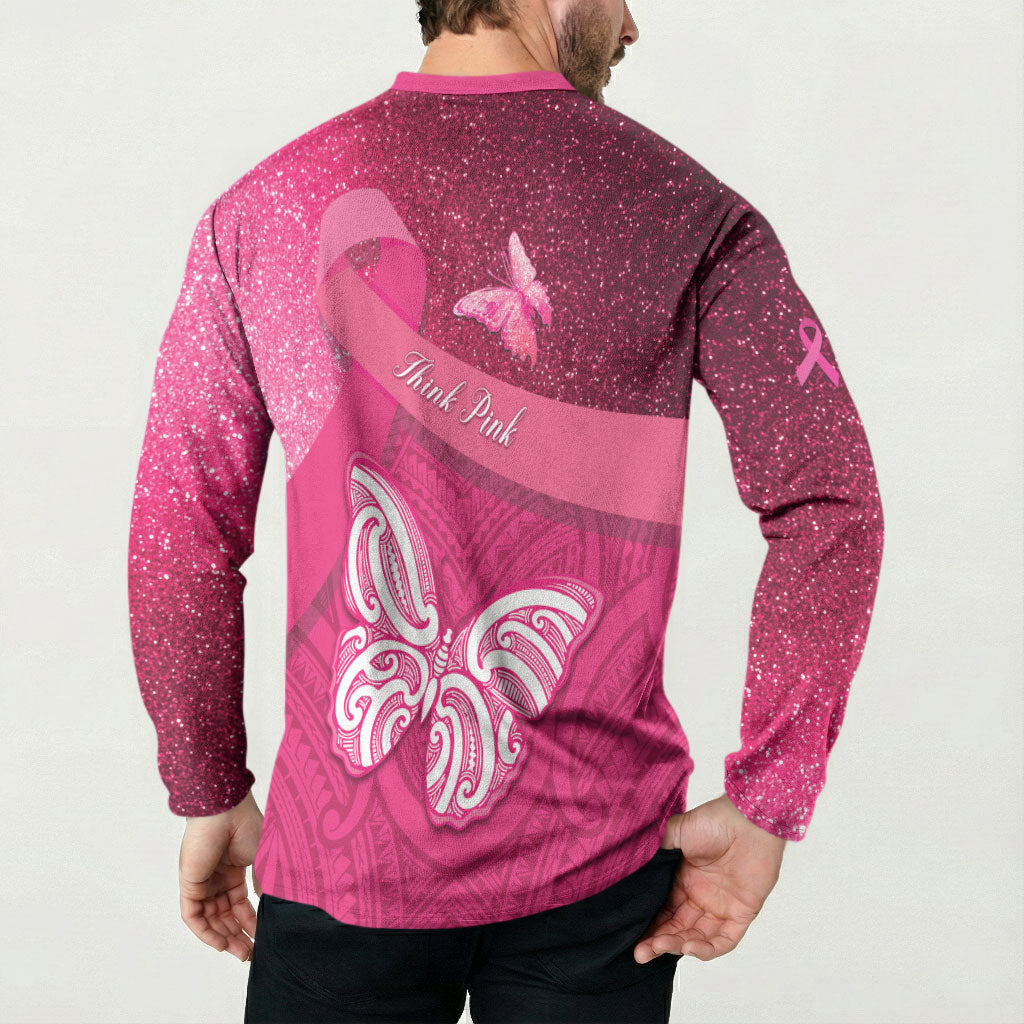 New Zealand Breast Cancer Awareness Button Sweatshirt Pink Ribbon Butterfly Maori Pattern LT22 - Polynesian Pride