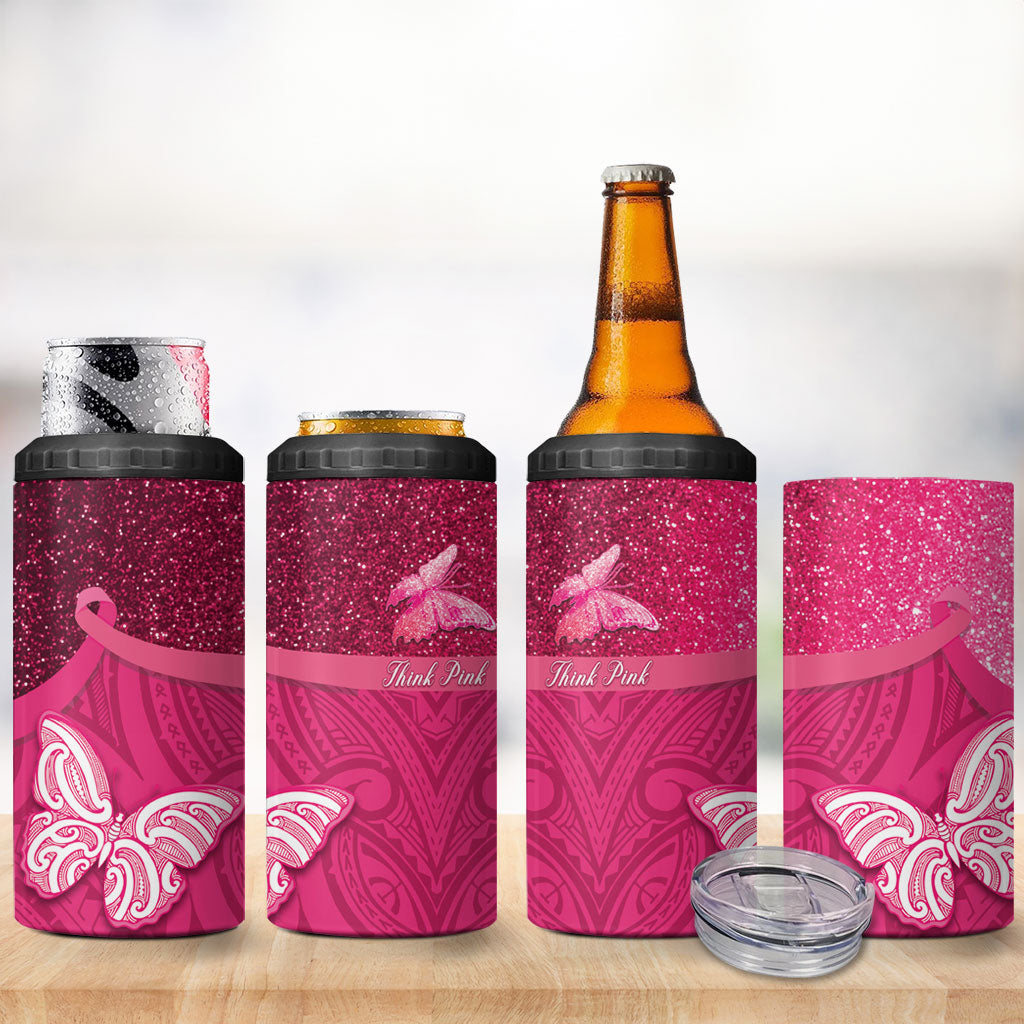 New Zealand Breast Cancer Awareness 4 in 1 Can Cooler Tumbler Pink Ribbon Butterfly Maori Pattern LT22 - Polynesian Pride