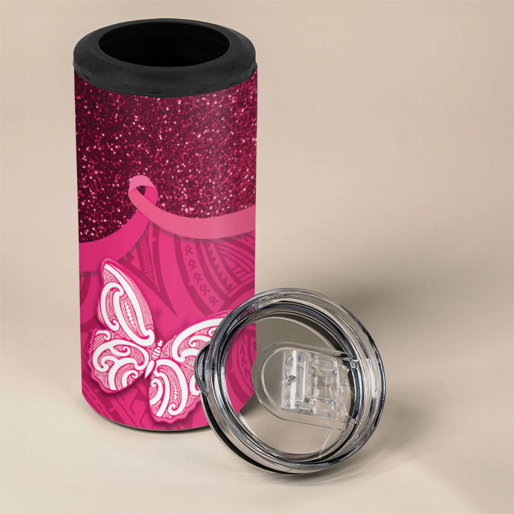 New Zealand Breast Cancer Awareness 4 in 1 Can Cooler Tumbler Pink Ribbon Butterfly Maori Pattern LT22 - Polynesian Pride