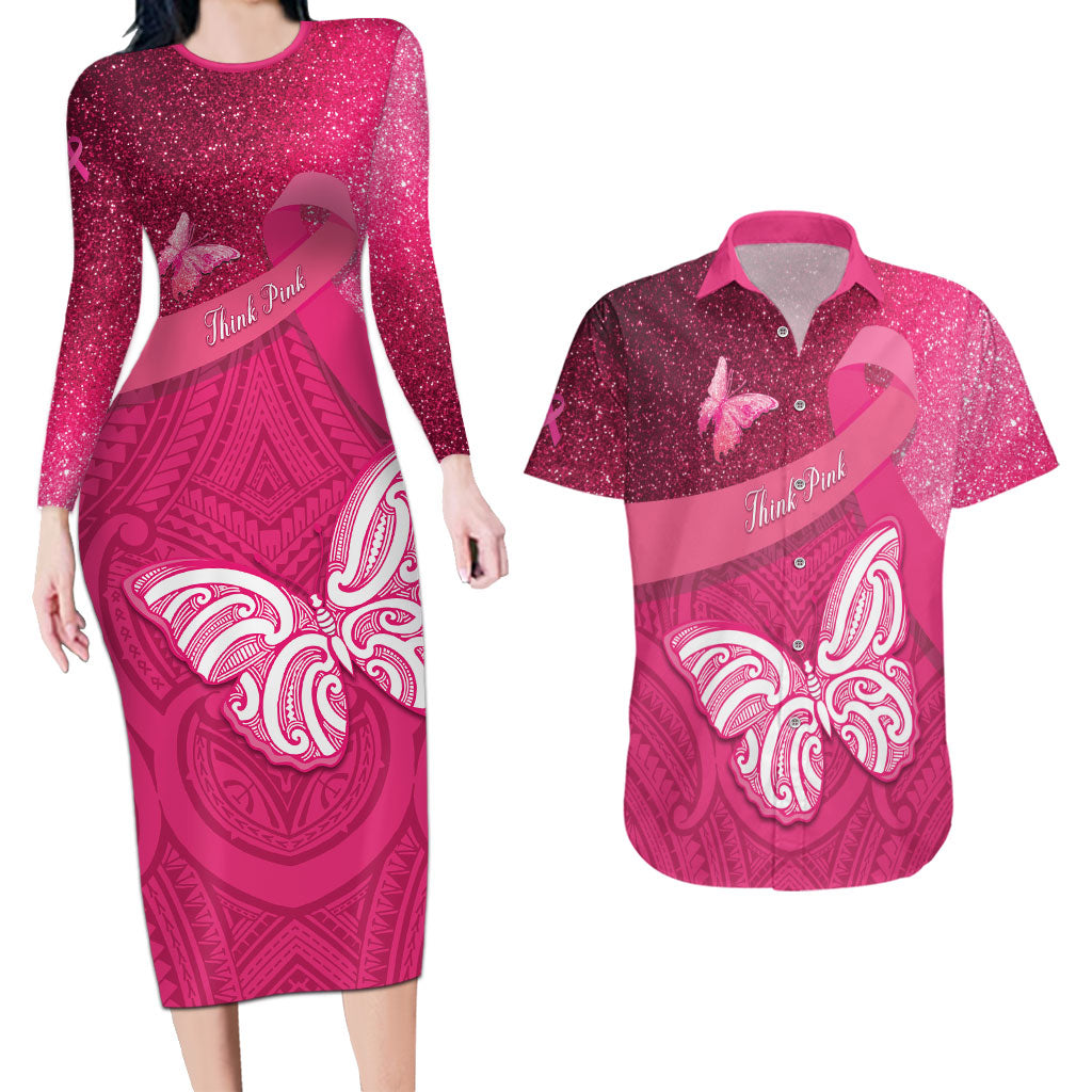 New Zealand Breast Cancer Awareness Couples Matching Long Sleeve Bodycon Dress and Hawaiian Shirt Pink Ribbon Butterfly Maori Pattern LT22 Pink - Polynesian Pride