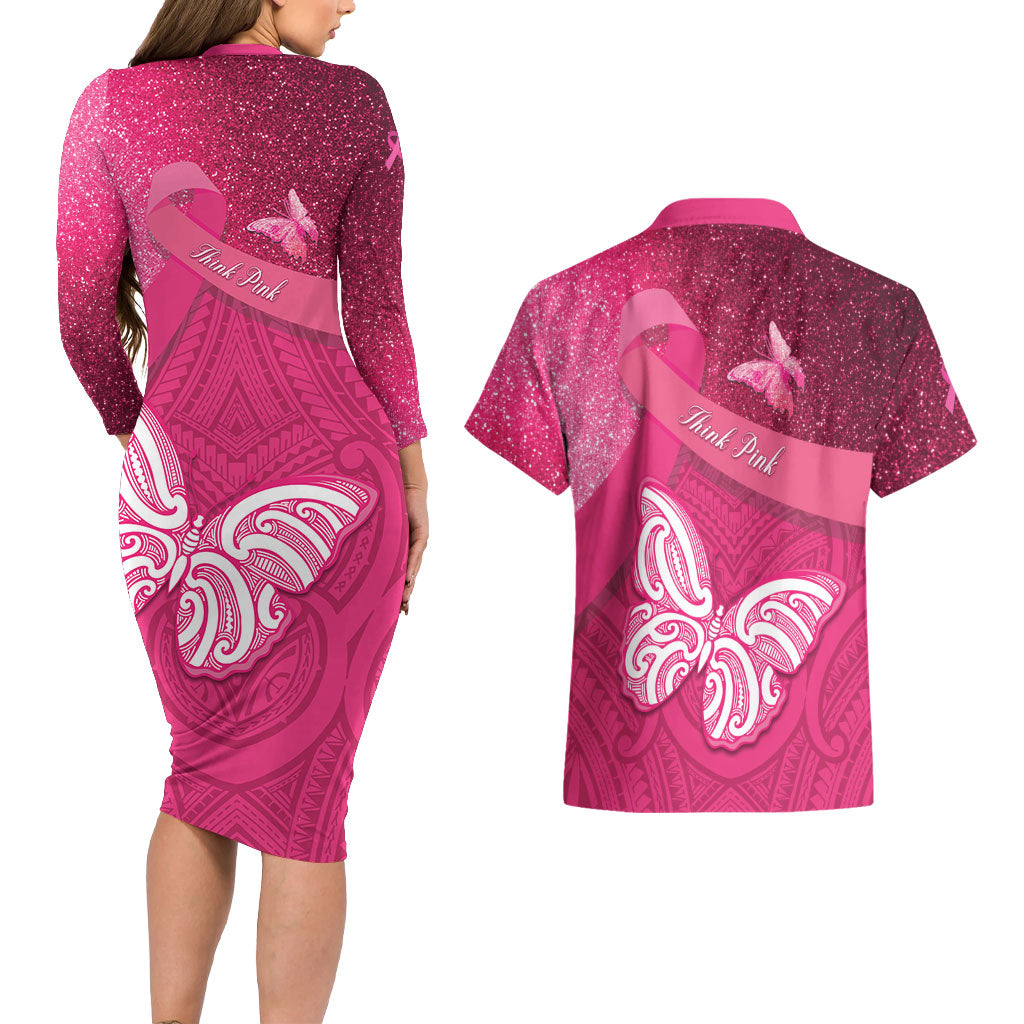 New Zealand Breast Cancer Awareness Couples Matching Long Sleeve Bodycon Dress and Hawaiian Shirt Pink Ribbon Butterfly Maori Pattern LT22 - Polynesian Pride
